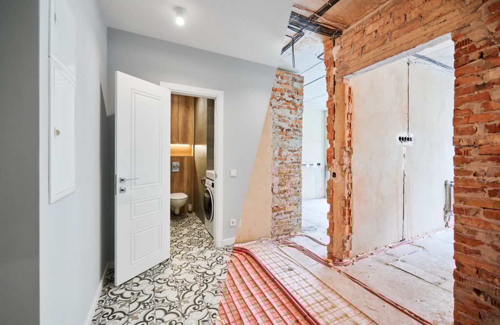 Photo collage of apartment before and after renovation.